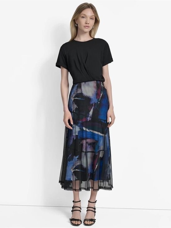 Dkny Dresses & Skirts - DKNY Black Mesh Midi Skirt with Blue & Purple Abstract Print